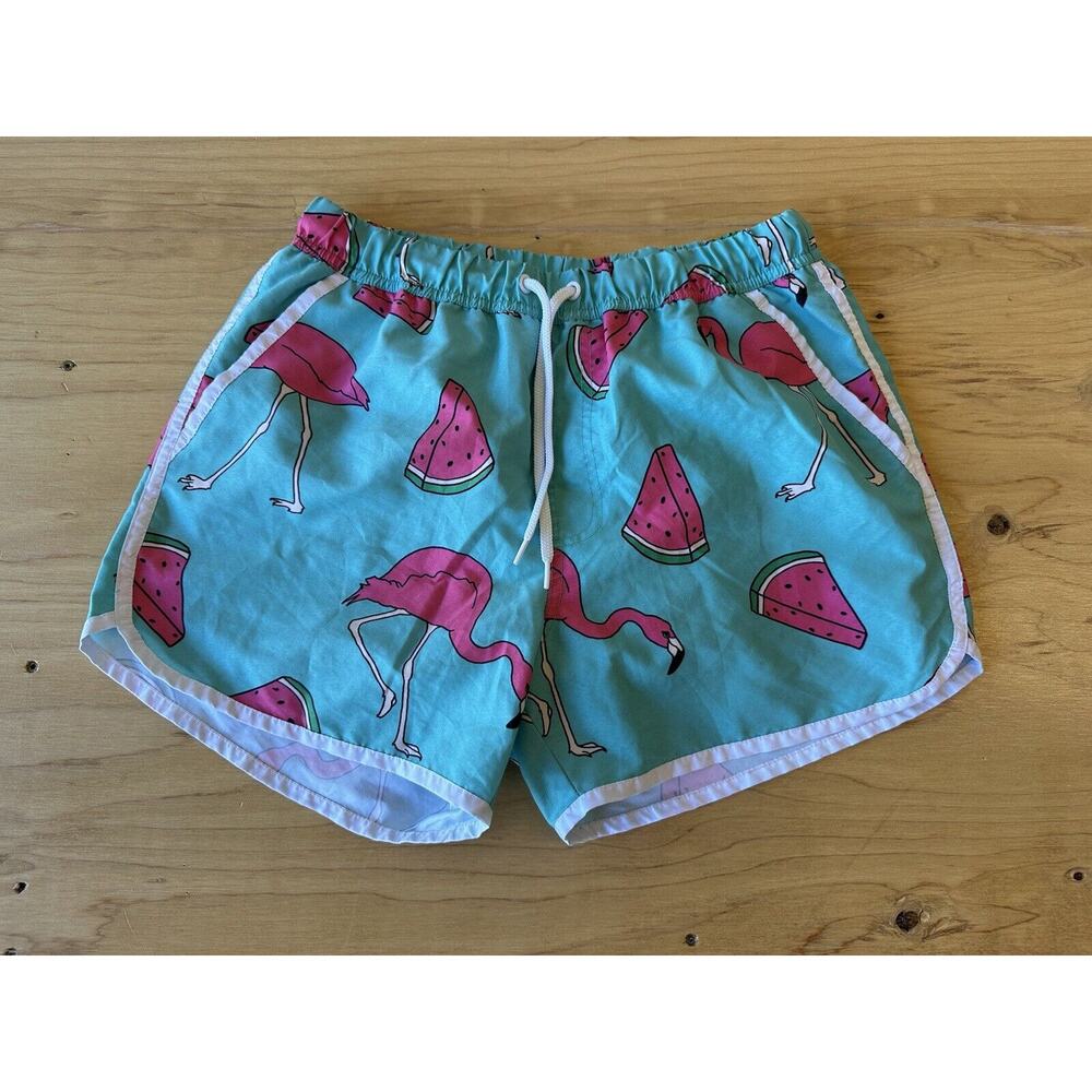 ASOS Flamingo Watermelon Swim Trunks Men's Medium Blue & Pink Tropical Print